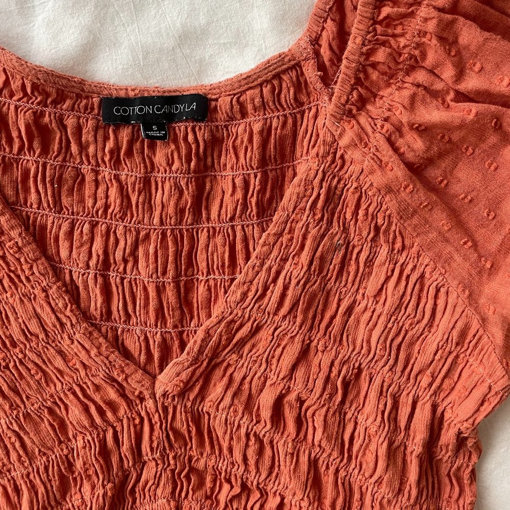 Cotton Candy LA | Bright Orange Top | Ruching on Bodess and Sleeves